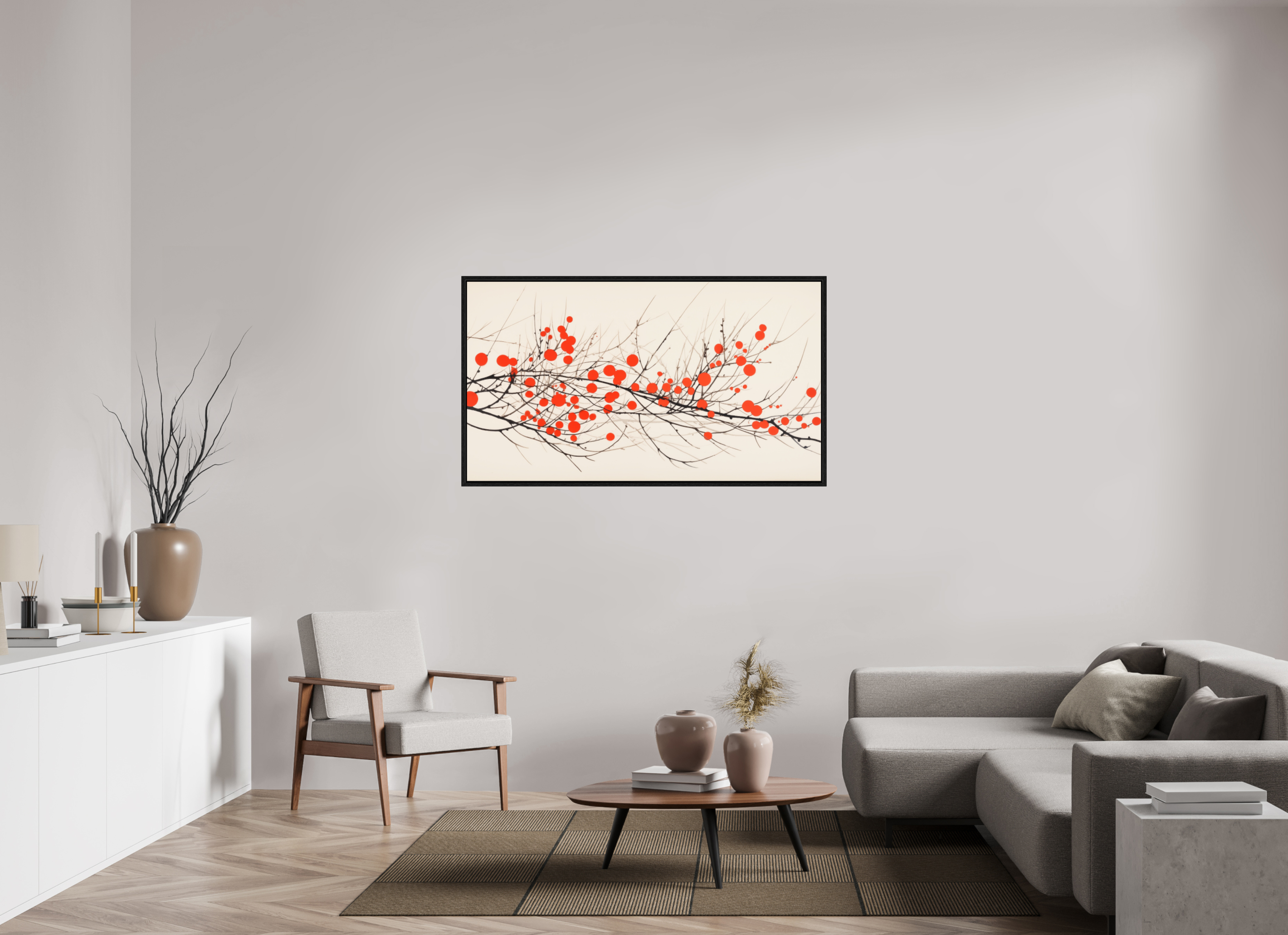 144 x 81 cm, Floater Frame Crimson Whispering Branches