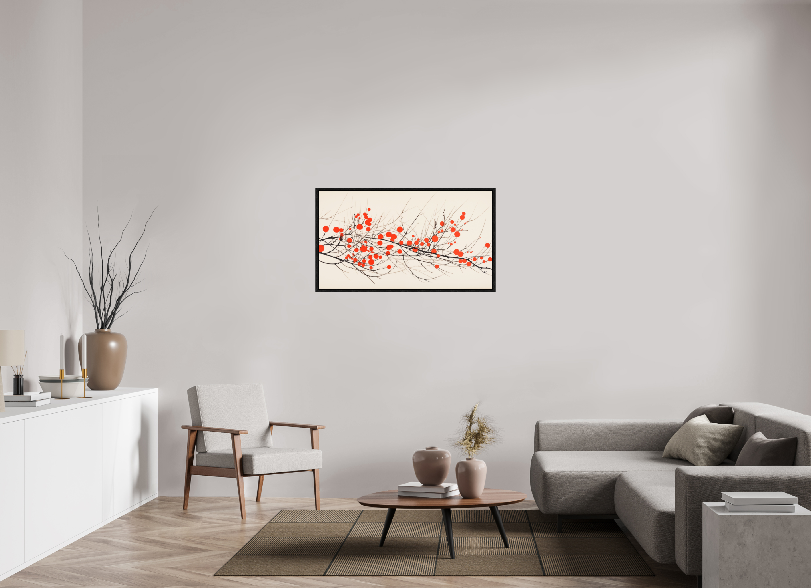 112 x 63 cm, Floater Frame Crimson Whispering Branches
