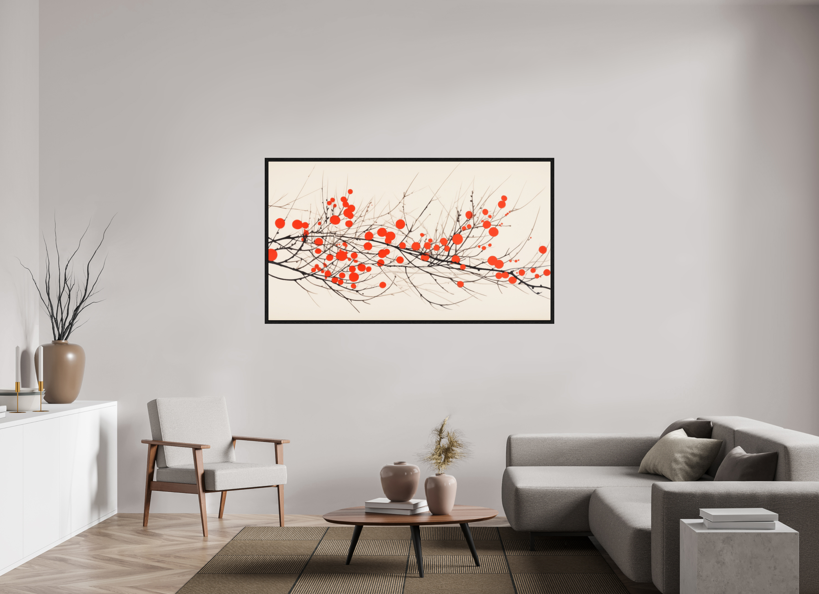 176 x 99 cm, Floater Frame Crimson Whispering Branches